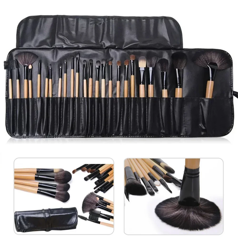 Kit com 24 Pincéis de Maquiagem Profissional com Estojo